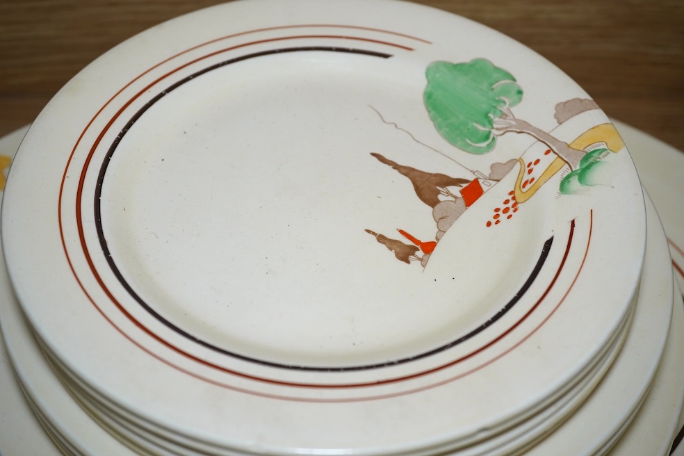 A Clarice Cliff Newport Pottery part tea set, an oval Clarice Cliff Bizarre meat platter Wilkinson Ltd and a similar Royal Staffordshire, Wilkinson Ltd part dinner service and a Clarice Cliff Crocus bowl, meat platter 41